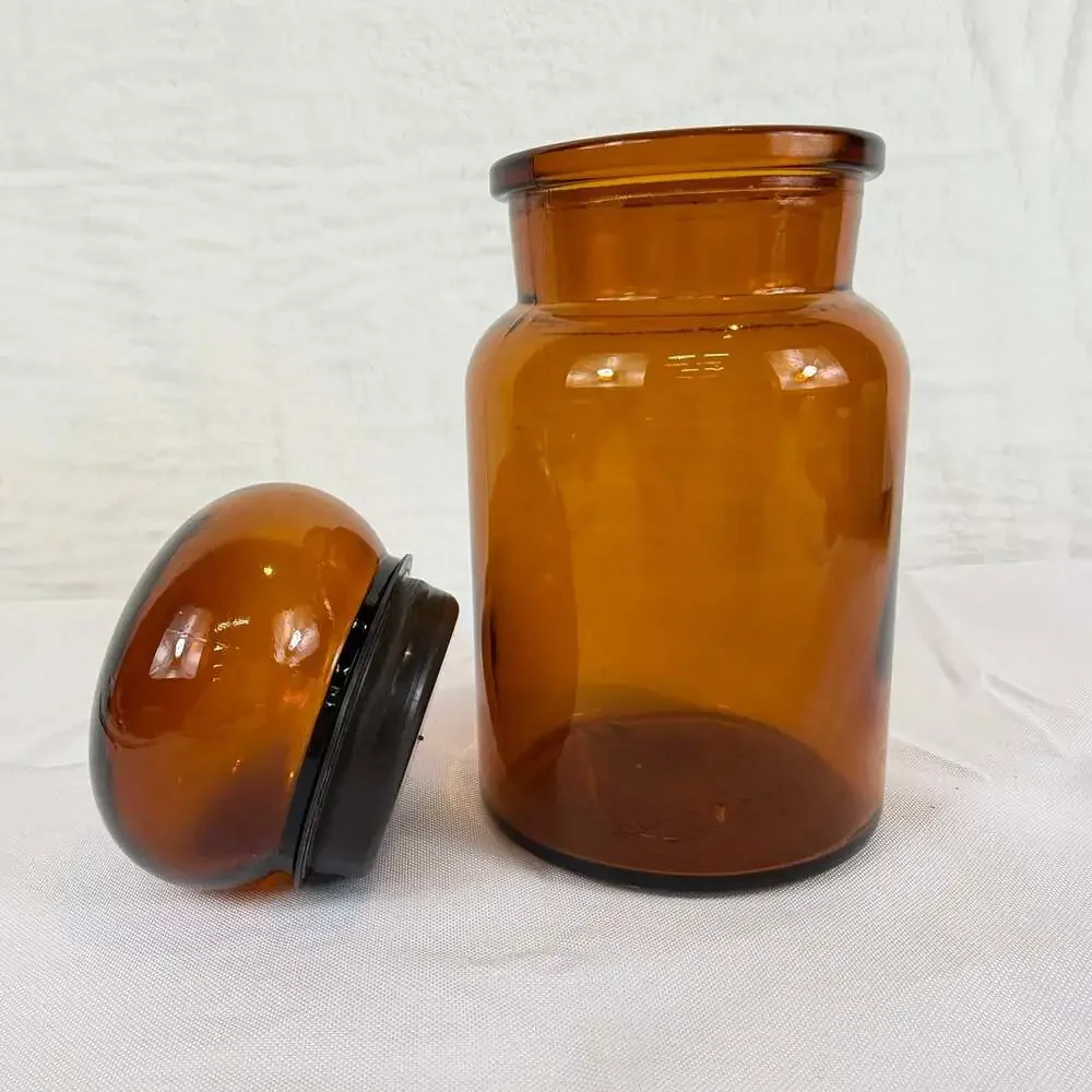 Vintage Brown Apothecary Glass Jar Bubble Lid Canister 7 1/4